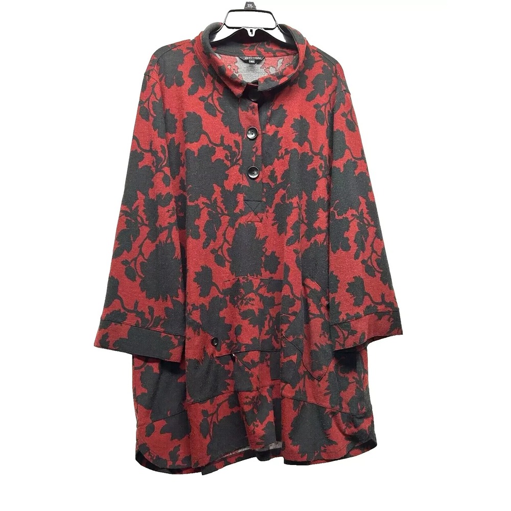 John Mark Women's 2X Red Black Tunic Polyester Blend Shirt (D6)